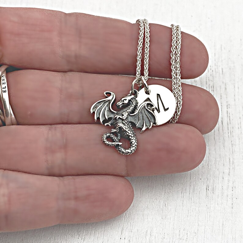 DRAGON \u2022 INITIAL \u2022 Hand Stamped \u2022 Sterling Silver \u2022 Necklace