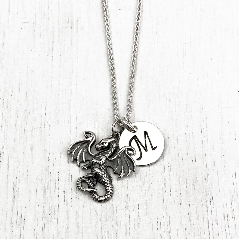 DRAGON \u2022 INITIAL \u2022 Hand Stamped \u2022 Sterling Silver \u2022 Necklace