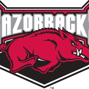 May include: A red and black logo with the word "Razorbacks" in white letters. A red boar with white teeth is running to the right.