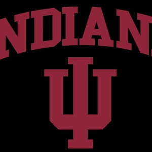 Może przedstawiać: Logo Uniwersytetu Indiany w kolorze bordowym i białym z napisem "INDIANA" w łukowatym kroju pisma nad logo IU.
