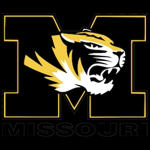 Puede incluir: Un logotipo estilizado en negro y dorado de la cabeza de un tigre con la palabra "MISSOURI" debajo.