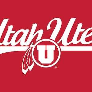 May include: White text on a red background reads "Utah Utes" with a white curved line underneath. A red circle with a white "U" inside is centered above the text. A white feather design is to the left of the circle.