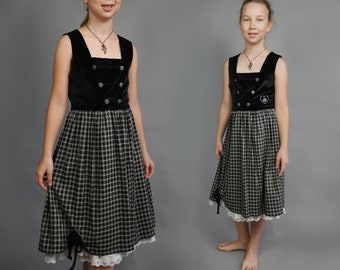 Black velvet girls dirndl dress with plaid skirt Tyrol dress Alpen style festival dress 140 size