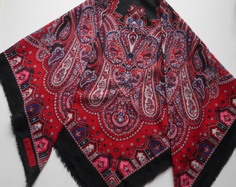 Japanese WOOL scarf Vintage hand printed wrap Black red pink