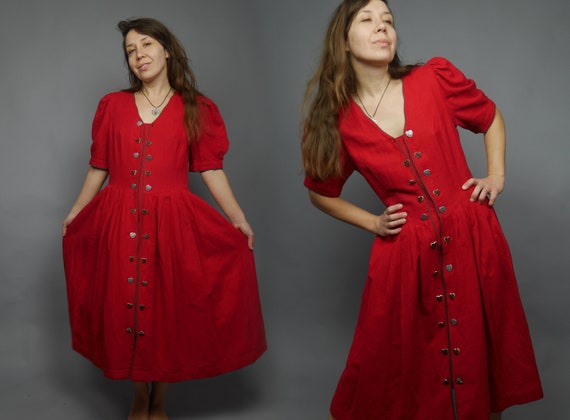 LARGE Linen Red DIRNDL Vintage Rustic Peasant Dres