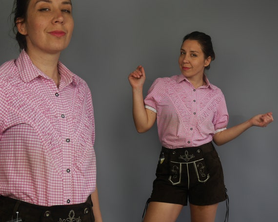 White pink Checkered folk blouse Gingham plaid Sho
