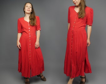Red flutter dress Viscose summer dirndl Vintage 80s Short sleeves dress MEDIUM