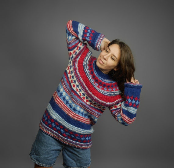 Nordic wool sweater by VIKING White Blue Red Icela