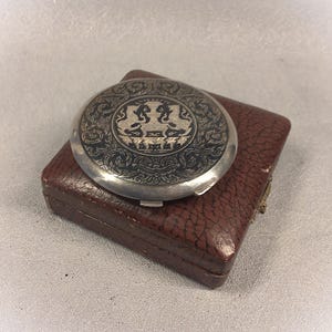 Antique Sterling Silver Niello Compact in Original Fitted Box - circa 1920s-1930s