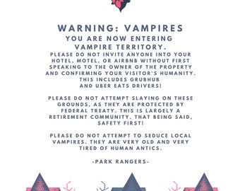 Vampire Territory Warning Sign, Vampire Poster, Bedroom Decoration, Quirky Decor Poster