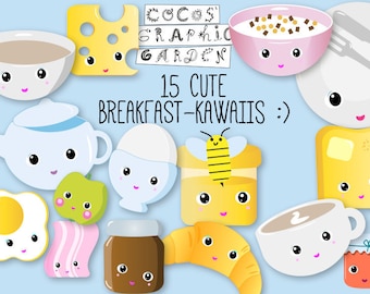 Kawaii Breakfast Food Clipart - 300 DPI Cute Food Clip Art Set  - PNG Files -