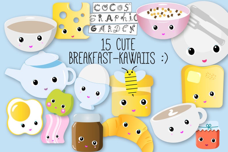 Kawaii Breakfast Food Clipart 300 DPI Cute Food Clip Art Set PNG Files image 1