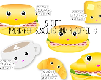 Kawaii Breakfast BISCUIT Food Clipart - 300 DPI Cute Food Clip Art Set  - PNG Files -