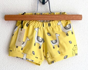 Organic llama kids shorts, llama baby shorties, baby beach shorts, toddler boy shorts, toddler girl shorts, girls summer clothes, llamas