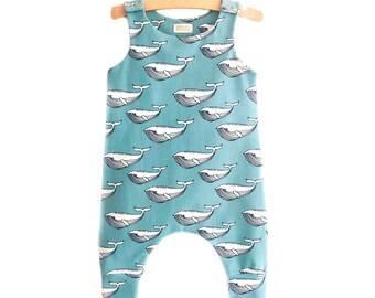 Organic whale baby romper, whale kids clothes, whale baby clothes, blue baby romper, baby coverall with whales, baby boy romper