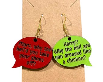 Marv & Larry Home Alone Earrings, Why the hell’d you take your shoes off, Why are you dressed like chicken, Funny Christmas Movie Jewelry