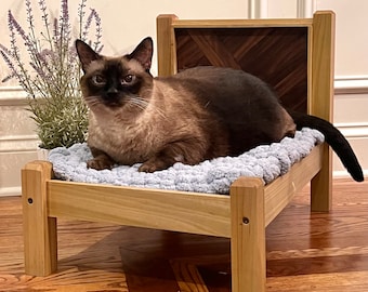 Lujosa cama para gatos, diseño moderno, hecha a mano, madera maciza, hecha de álamo y nogal, comodidad elegante que a todo gato le encantará, muebles para mascotas de primera calidad