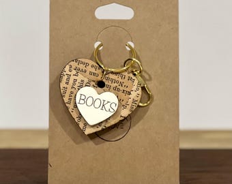 Heart Vintage Book Page Keychain, Engraved Wood Keychain, Booklover Gift, Reader Gift, Book Page Keychain, I heart Books, Bookworm