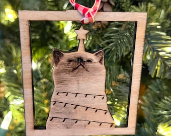 Cat ornament, Funny Holiday Cat, Cat in Christmas Lights, Wood Cat Ornament, Wood Engraved Ornament, Silly Cat Ornament, Cat Lover Gift