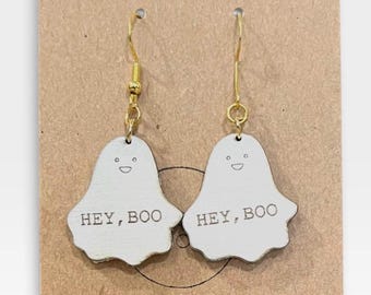 Hey Boo Ghost Dangle Earrings, Halloween Jewelry, White Engraved Wood, Cute, Spooky, Lightweight