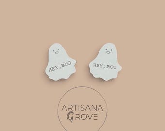Hey Boo Ghost Stud Earrings, Halloween Jewelry, Engraved Wood, Cute Spooky
