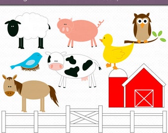 May include: A set of farm animal clip art images, including a white sheep with a black head, a pink pig, a yellow duck, a brown and white cow, a brown horse, a red barn, a blue bird in a nest, and a brown owl perched on a branch. The images are on a white background.