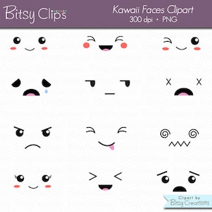 May include: Set of nine black and white kawaii faces with different expressions, including happy, sad, angry, and surprised. The faces are drawn in a simple, cartoon style.