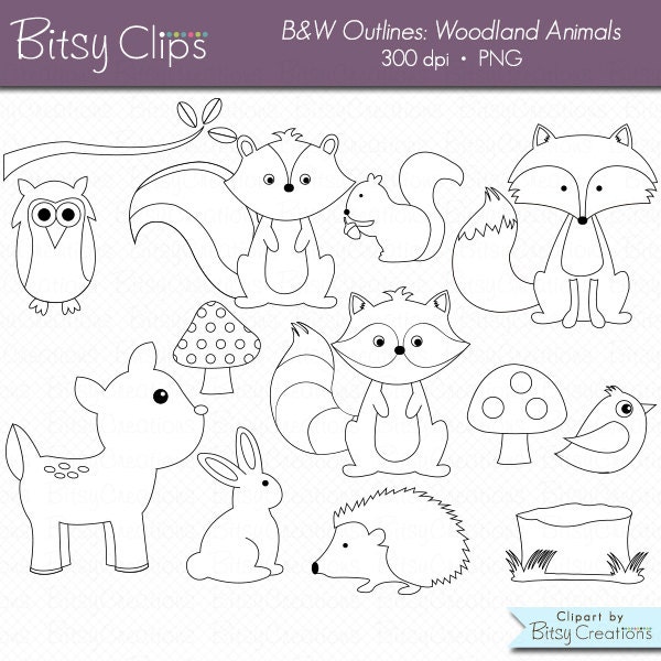 Woodland Animals OUTLINE Digital Art Set Clipart Commercial Use Clip Art Woodland Animal Clipart Forest Animals Digital Stamps