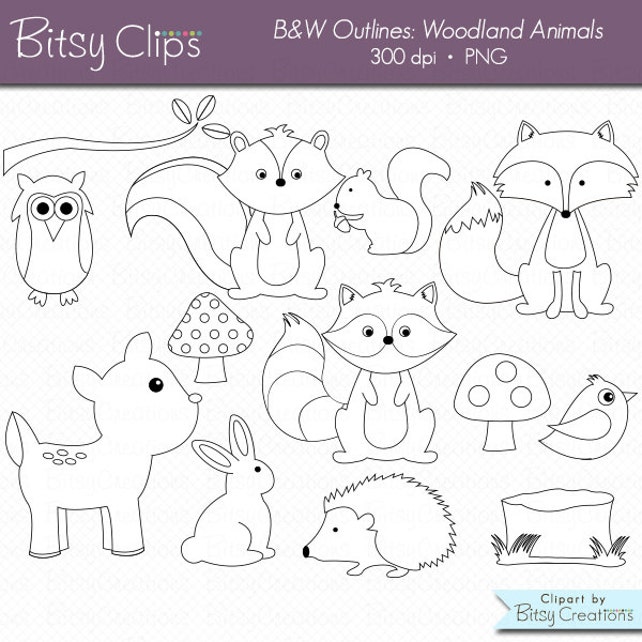 Woodland Animals OUTLINE Digital Art Set Clipart Commercial