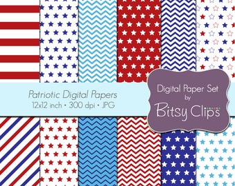 Patriotic Digital Paper Set Commercial Use Clip Art INSTANT DOWNLOAD Chevron Scrapbook Paper Red White Blue Stars Independence Day