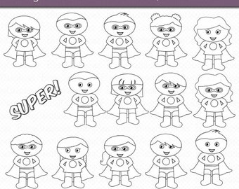 Hero Kids Clipart - OUTLINE Digital Art Set Clipart Commercial Use Clip Art Digital Stamps Black and White Clipart
