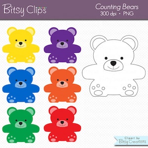 Può includere: Set di sei illustrazioni di orsacchiotti colorati, tra cui giallo, viola, blu, arancione, verde e rosso. È incluso anche un contorno in bianco e nero di un orsacchiotto. Il testo "Counting Bears" e "300 dpi. PNG" è nella parte superiore dell'immagine.