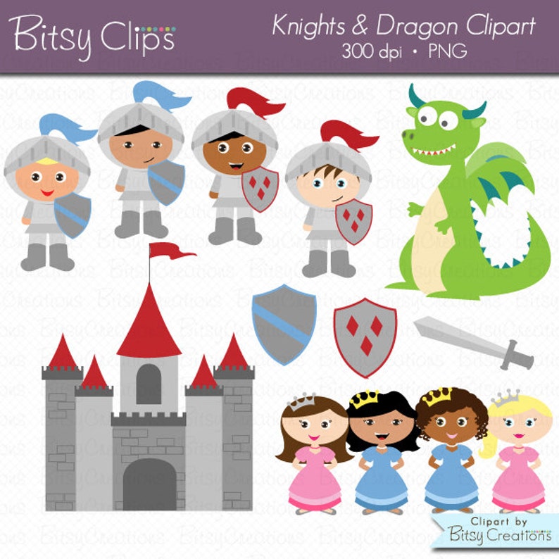 May include: Clip art set featuring a castle, knights, a dragon, and princesses. The knights are wearing silver armour and holding shields. The dragon is green with a toothy grin. The princesses are wearing pink, blue, and white dresses with crowns.