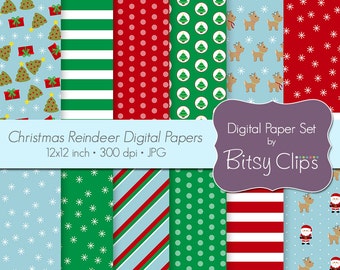 Christmas Reindeer Digital Paper Set Scrapbook Paper INSTANT DOWNLOAD Santa Paper Reindeer Paper