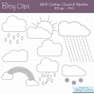 Clouds and Weather OUTLINES Clipart Commercial Use Clip Art Digital Stamps Black and White Clipart