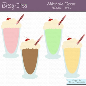 May include: Four milkshake illustrations with red and white striped straws and a red cherry on top. The milkshakes are pink, green, brown, and yellow.