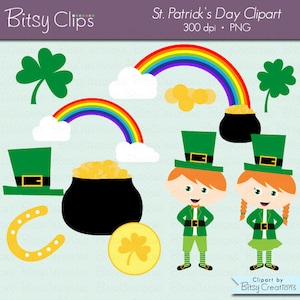 May include: St. Patrick's Day clipart set featuring two leprechauns, a pot of gold, a rainbow, a horseshoe, and shamrocks. The leprechauns are wearing green hats and green outfits. The pot of gold is sitting on a pile of gold coins. The rainbow is a multi-colored arc with clouds. The horseshoe is gold and the shamrocks are green.