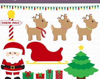 Santa and His Reindeer Digital Art Set Clipart Commercial Use Clip Art INSTANT Download Santa Clipart Christmas Clipart