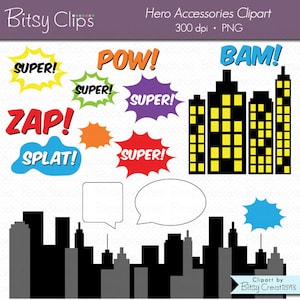 Hero Comic Accessories Digital Art Set Clipart Commercial Use Clip Art INSTANT Download Hero Clip Art ComicText
