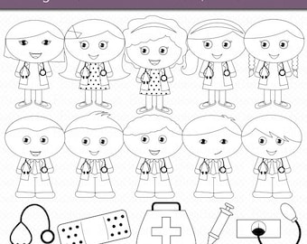 Doctor Kids OUTLINE Digital Art Set Clipart Commercial Use Clip Art Digital Stamps Black and White Clipart