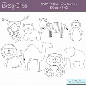 Zoo Animals OUTLINE Digital Art Set Clipart Commercial Use Clip Art Digital Stamps Black and White Clipart