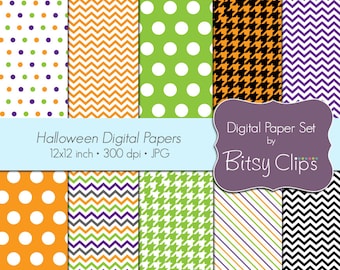 Halloween Digital Scrapbook Paper Set Scrapbook Paper Commercial Use INSTANT DOWNLOAD Stripes Dots Chevron Houndstooth Digital Paper