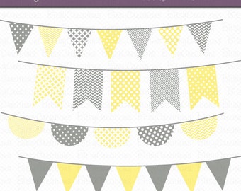 Yellow and Gray Bunting Clipart Digital Art Set Banner Flag INSTANT DOWNLOAD Banner Clipart Bunting Clipart