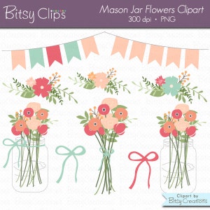 Mason Jar Flowers Digital Art Set Clipart Commercial Use Clip Art INSTANT DOWNLOAD Wedding Flowers Floral Clipart