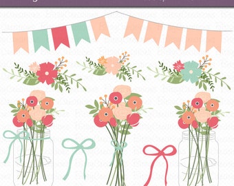 Mason Jar Flowers Digital Art Set Clipart Commercial Use Clip Art INSTANT DOWNLOAD Wedding Flowers Floral Clipart