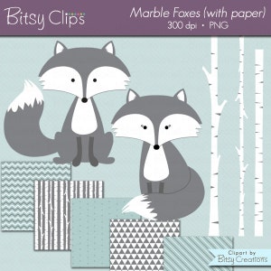 Marble Fox Clipart with Digital Scrapbook Paper INSTANT DOWNLOAD Digital Art Set