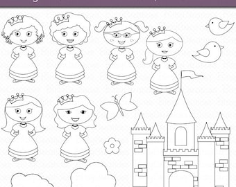 Princess OUTLINE Clipart Black and White Clipart Commercial Use Clip Art Digital Stamps Digital Art Set