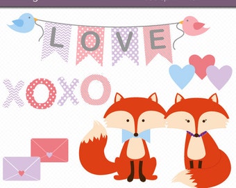 Valentine Fox Clipart Digital Art Set INSTANT DOWNLOAD Fox Clipart Valentine Clipart Love Clipart