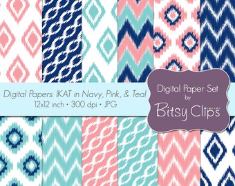 Ikat digitale papier ingesteld Scrapbook papier in Navy, roze en Teal INSTANT DOWNLOAD