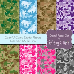Colorful Camo Papers Digital Paper Set Scrapbook Paper INSTANT DOWNLOAD Camouflage Paper